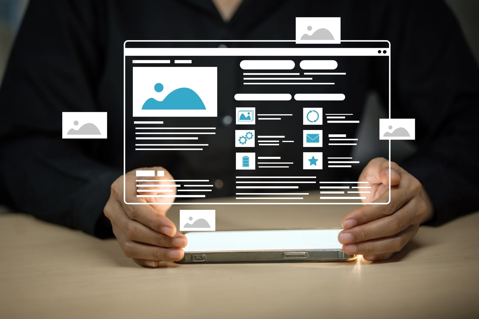 Apersonholdsasmartphonedisplayingafuturisticwebsiteinterface