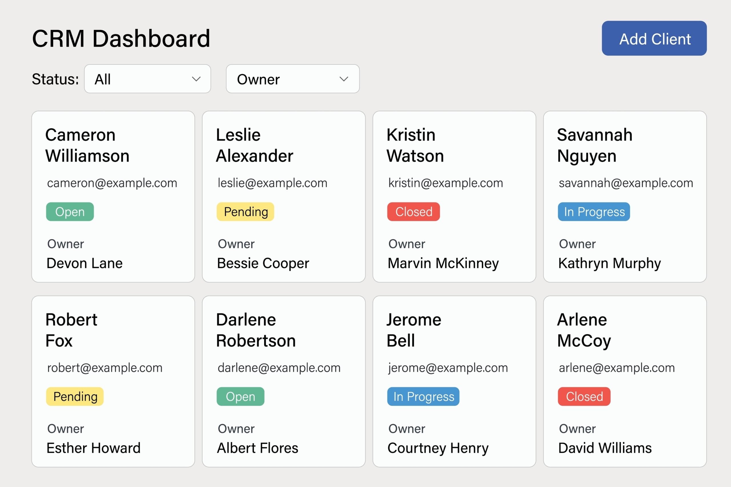 Efficientcrmdashboardfeaturingclientcardscategoryfiltersandstatus | construction spike Efficientcrmdashboardfeaturingclientcardscategoryfiltersandstatus