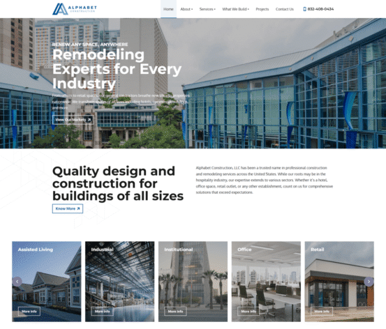 Alphabet construction llc top ra | construction spike Alphabet construction llc top ra'Remodeling Experts for Every Industry' and a 'View Our Markets' button (Alphabet Construction).