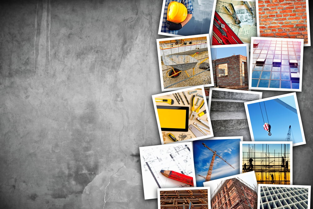 Constructionindustrythemedphotocollagewithstackedpicturesovercement | construction spike Constructionindustrythemedphotocollagewithstackedpicturesovercement